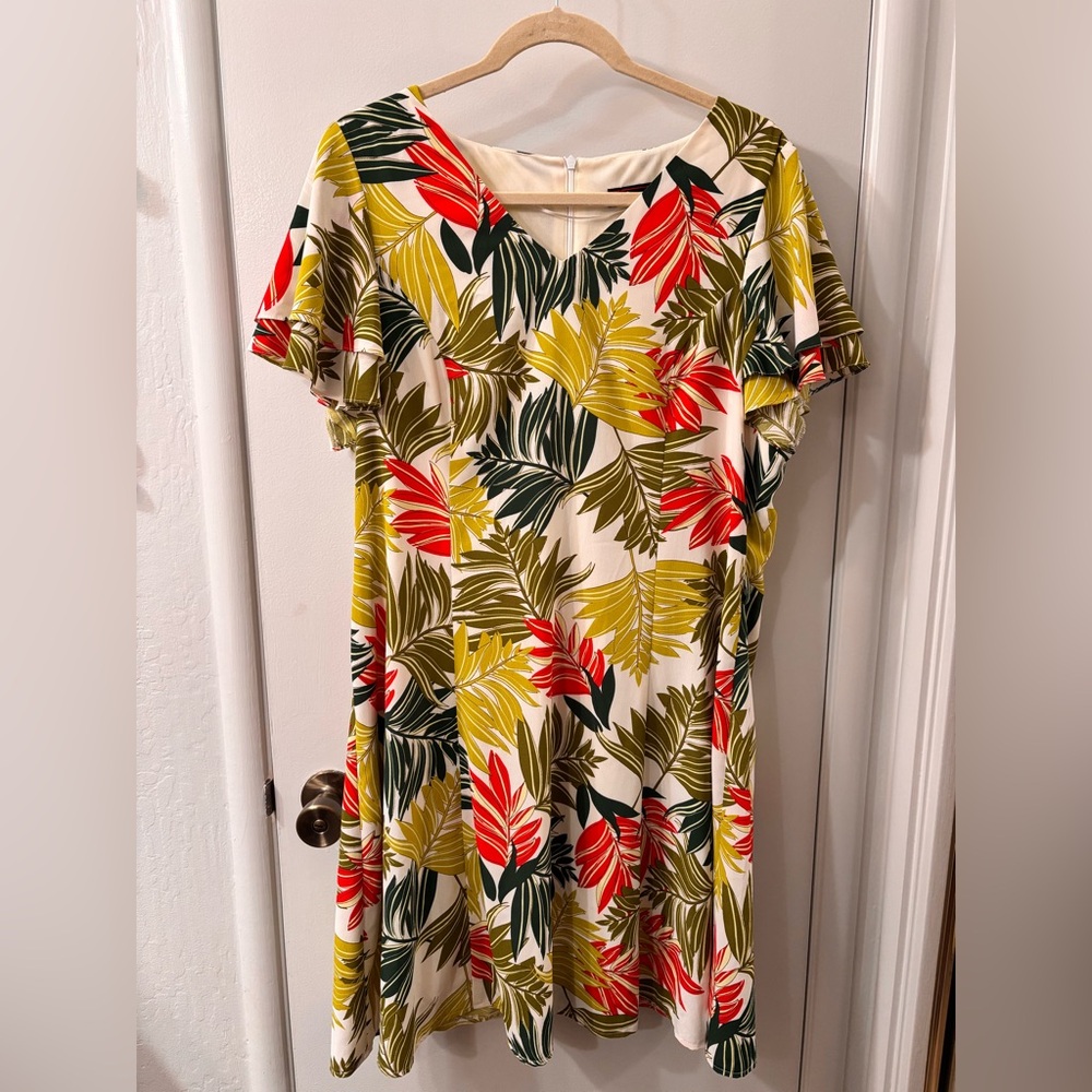 Vibrant Green and Orange Leaf Tropical Fit and Flare V-neck Dress